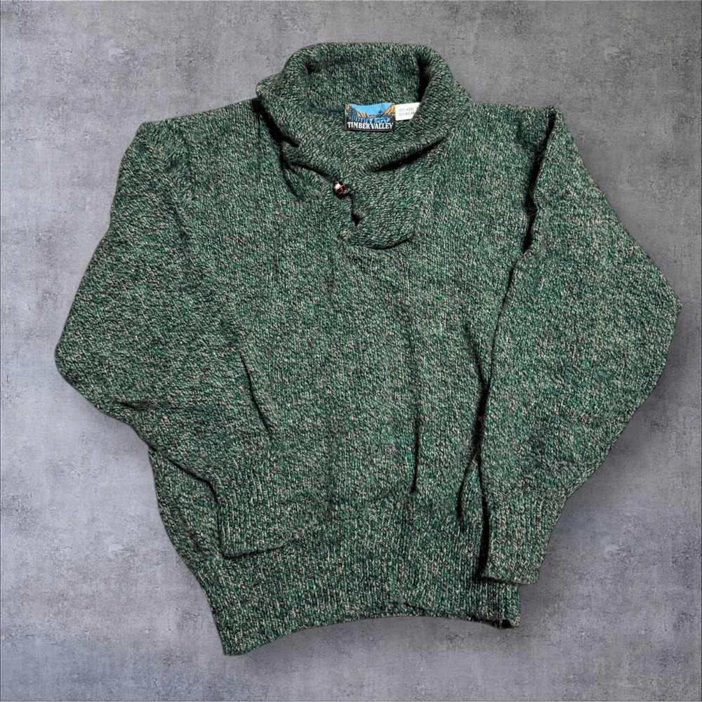 VTG  Timber Valley Wool Blend Green Shawl Collar Med Cardigan‎ USA Fisherman